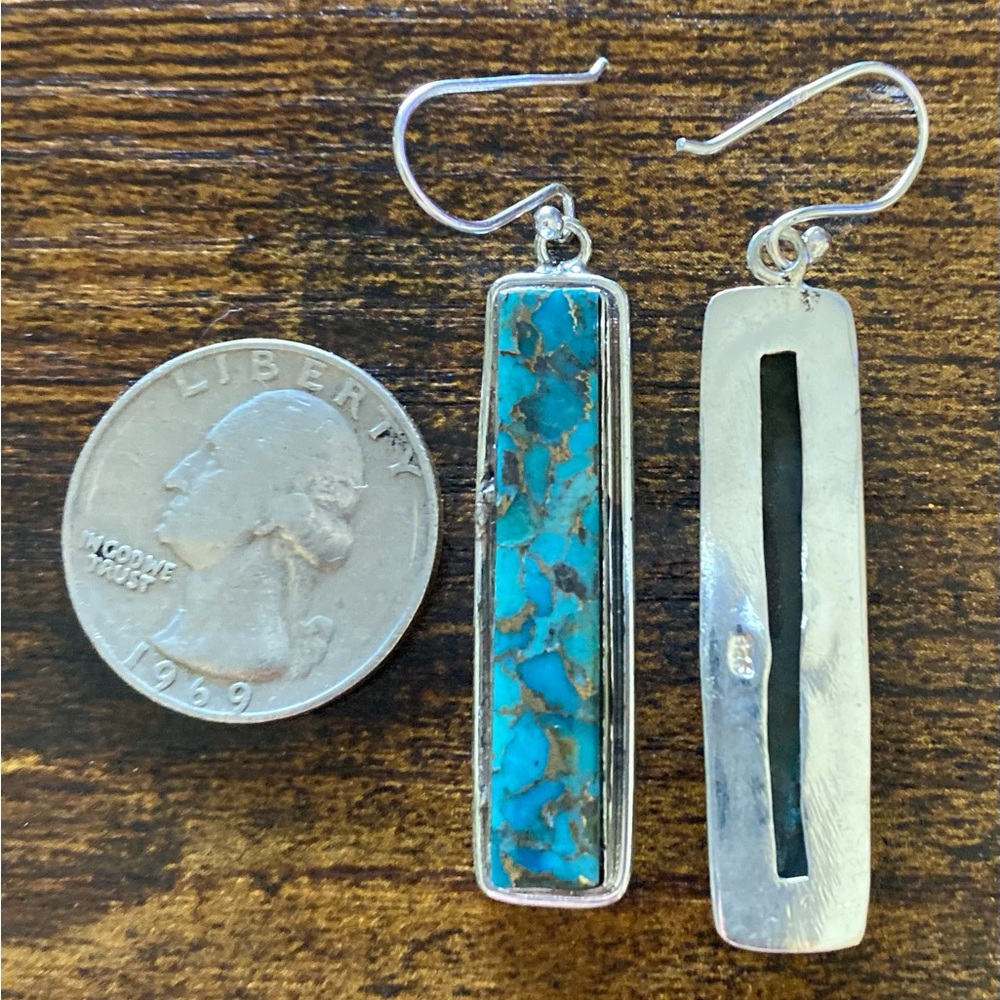 Retangular Southwest Arizona Turquoise Earrings Set In 925 Sterling Silver - Picture 4 of 6